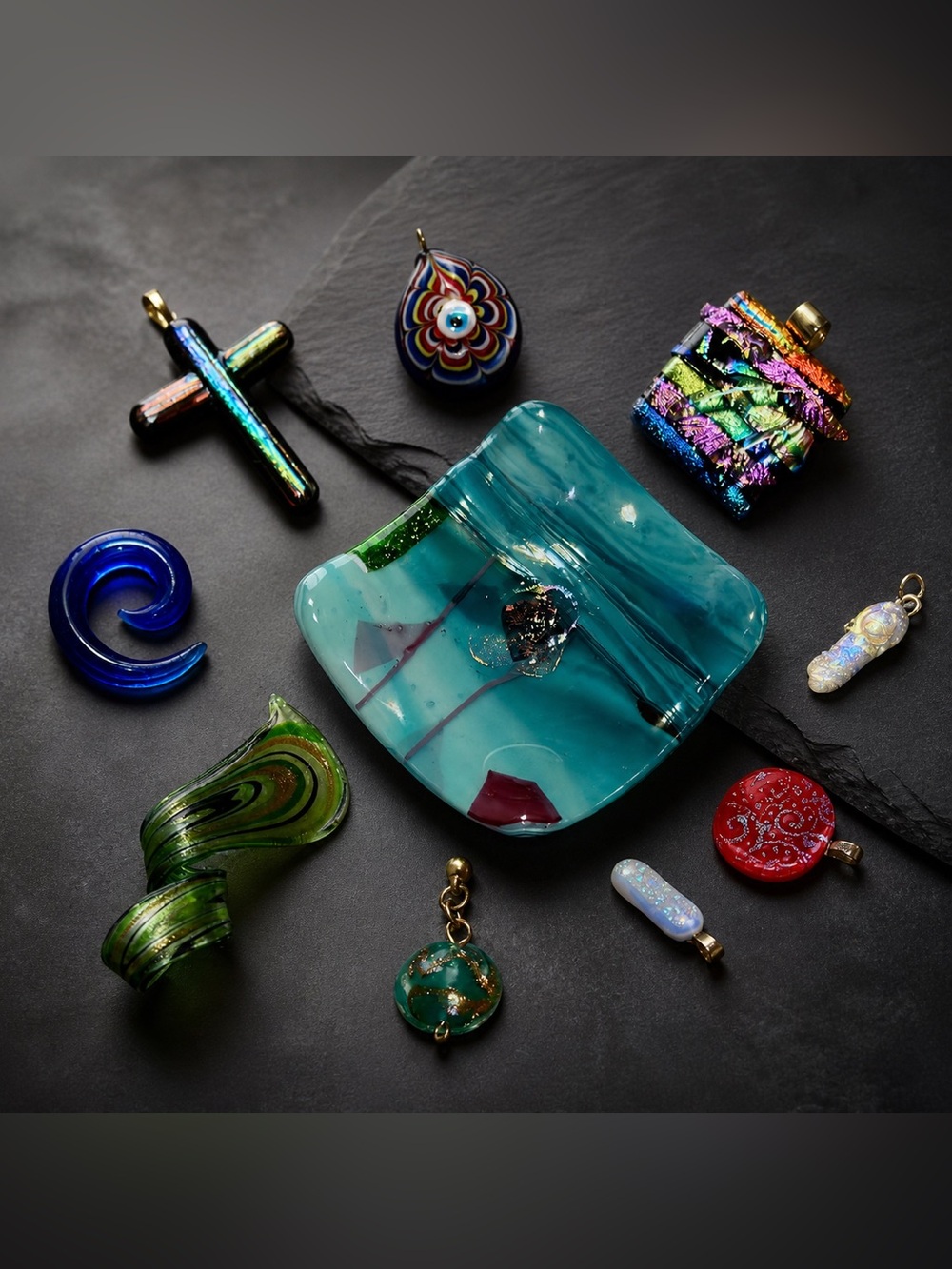Handmade Art Glass Pendant Lot Trinket Dish 10 Pc Set Vibrant Statement Pieces